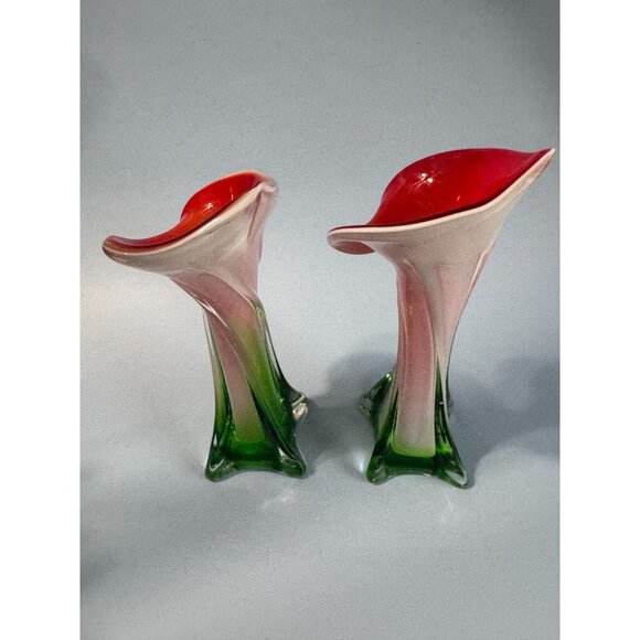 Pair Of Vintage Murano Jack In The Pulpit Calla Lily Vases Italy 8" & 9" - Picture 8 of 9